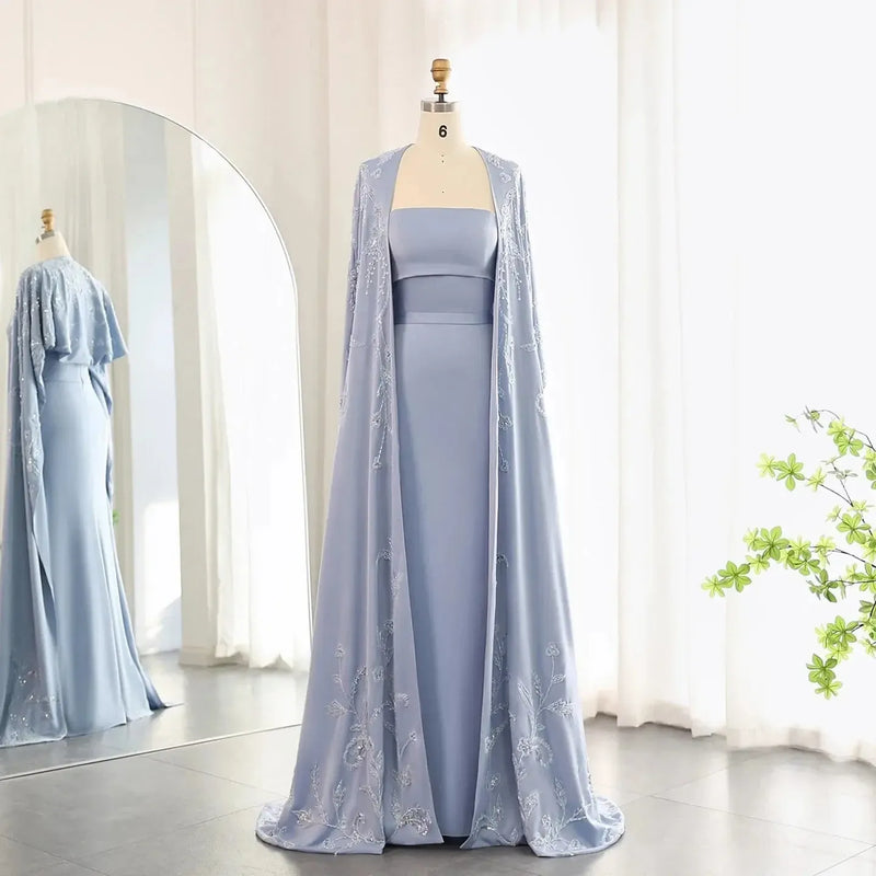 Arabic Blue Mermaid Evening Dress with Cape Sleeves Luxury Beaded Dubai Women Wedding Guest Party Gowns SS407