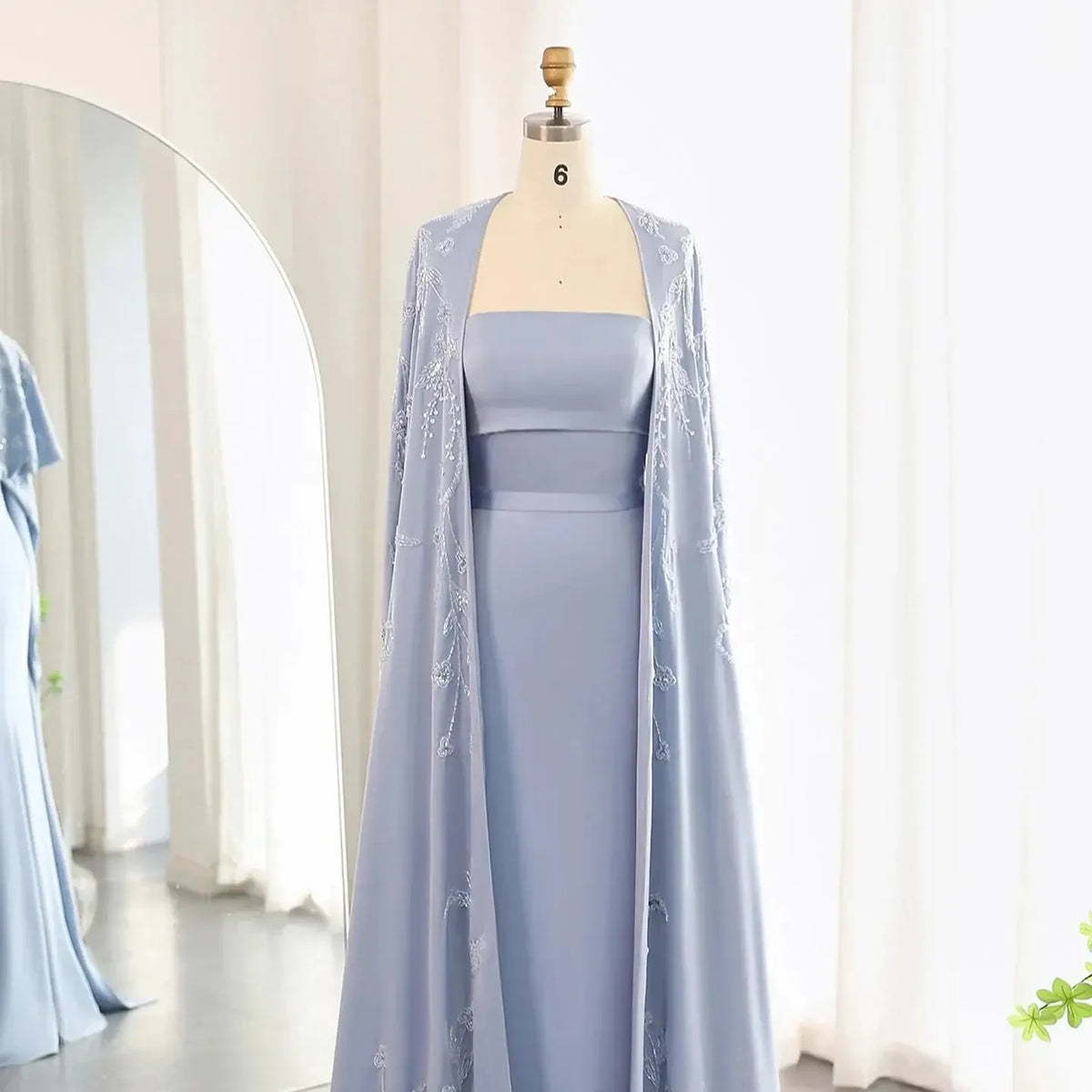 Arabic Blue Mermaid Evening Dress with Cape Sleeves Luxury Beaded Dubai Women Wedding Guest Party Gowns SS407