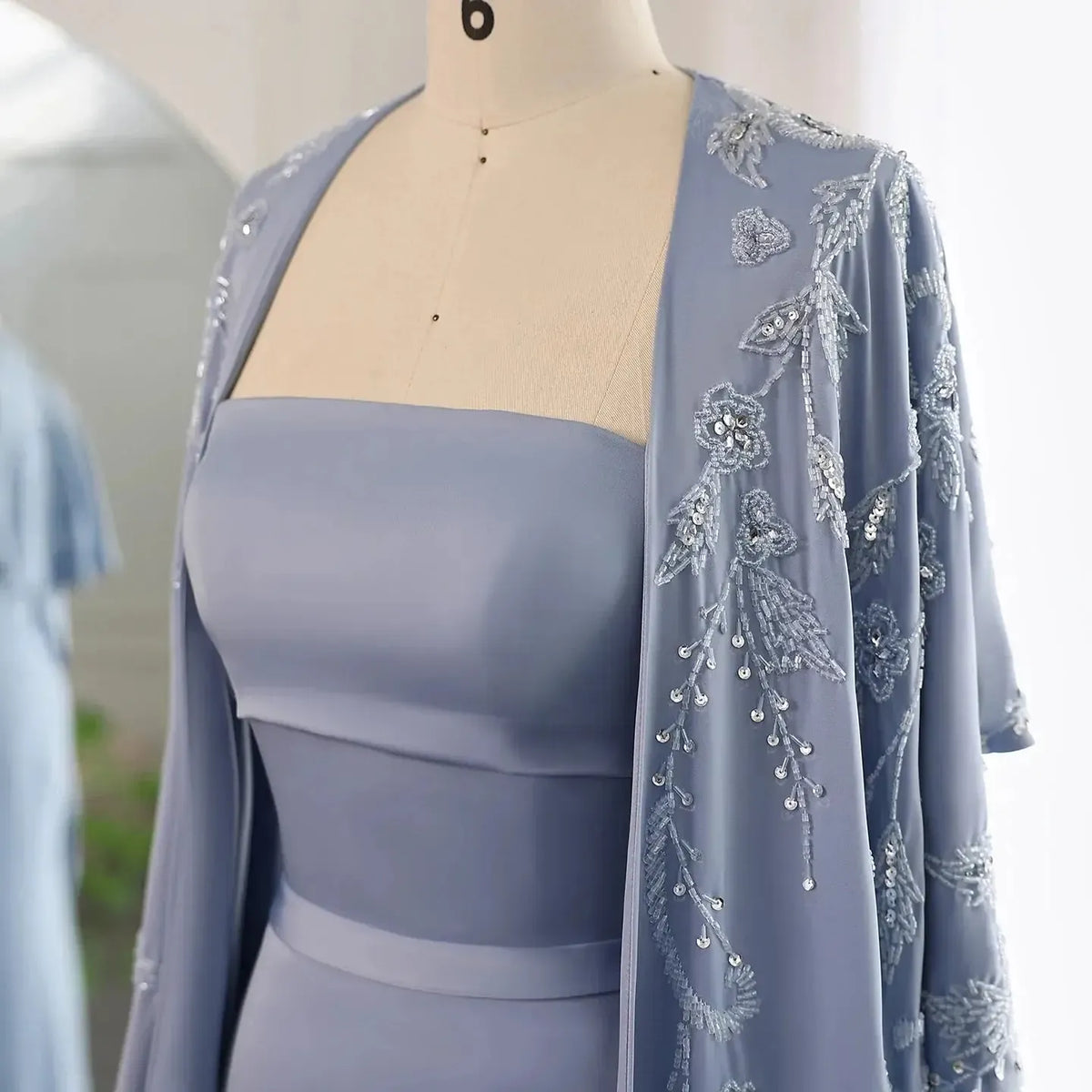 Arabic Blue Mermaid Evening Dress with Cape Sleeves Luxury Beaded Dubai Women Wedding Guest Party Gowns SS407