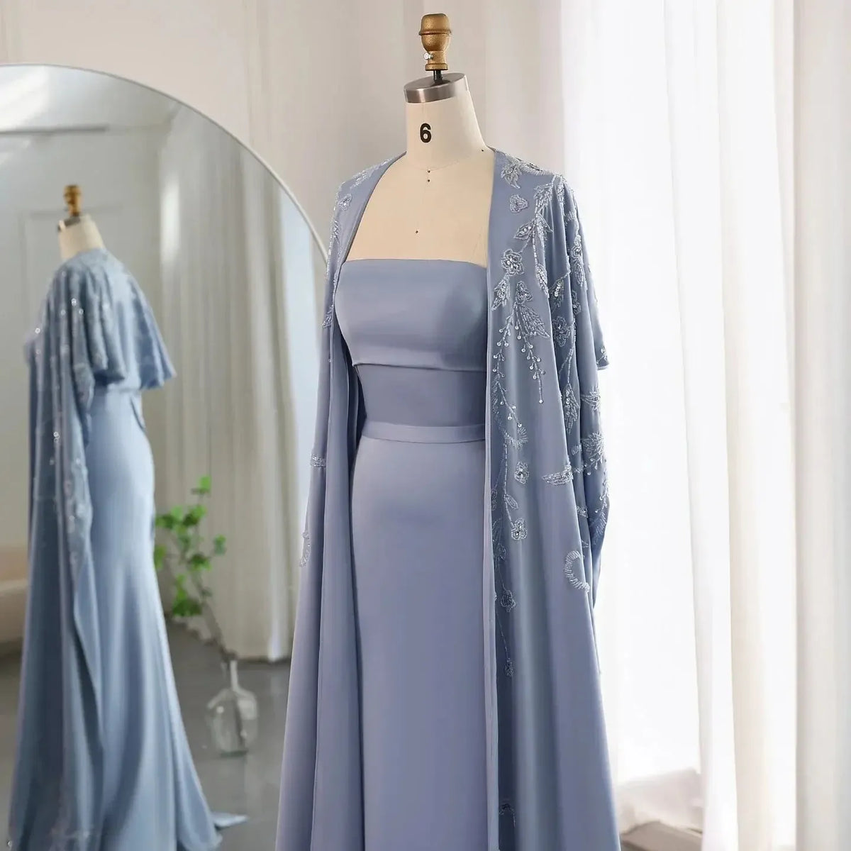 Arabic Blue Mermaid Evening Dress with Cape Sleeves Luxury Beaded Dubai Women Wedding Guest Party Gowns SS407