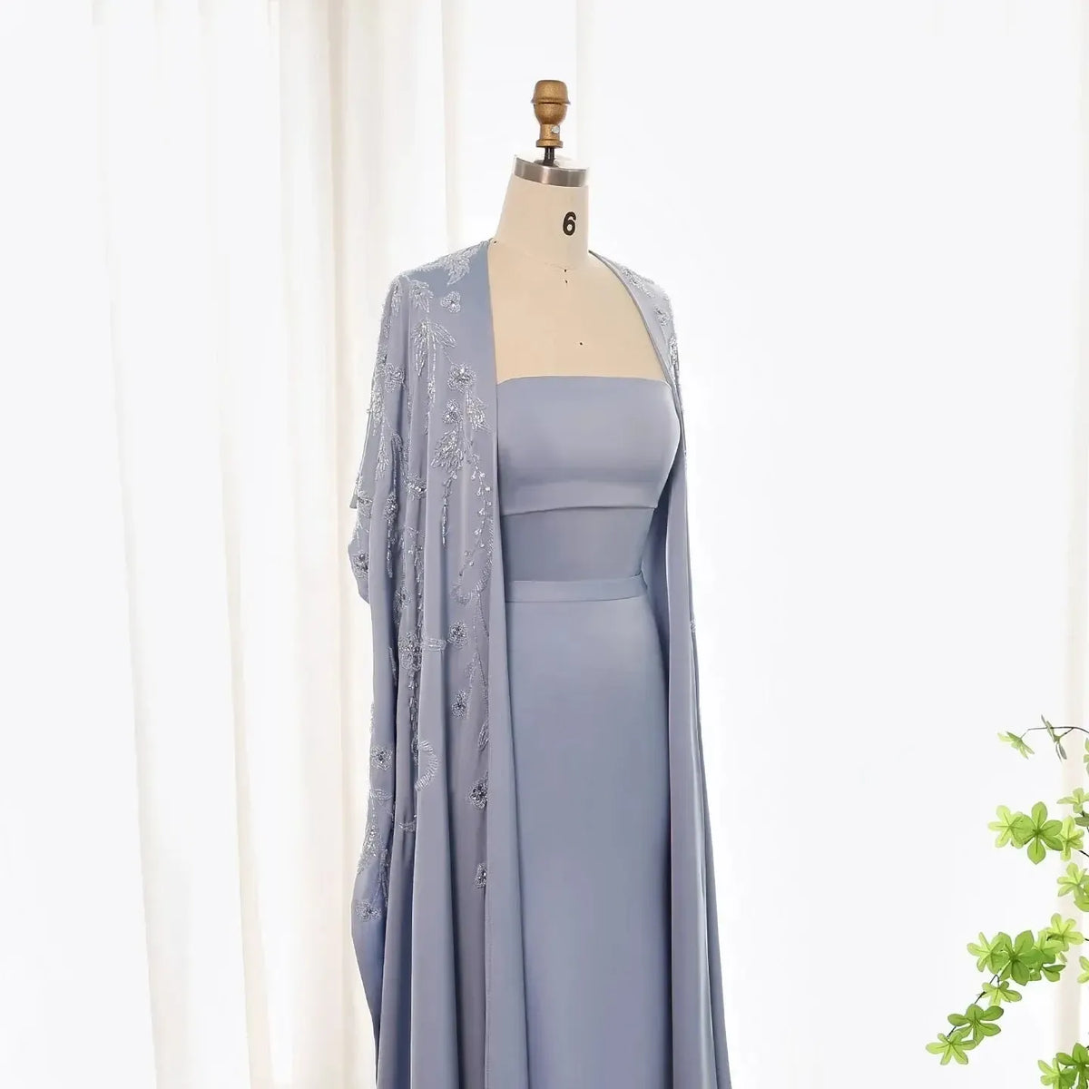 Arabic Blue Mermaid Evening Dress with Cape Sleeves Luxury Beaded Dubai Women Wedding Guest Party Gowns SS407