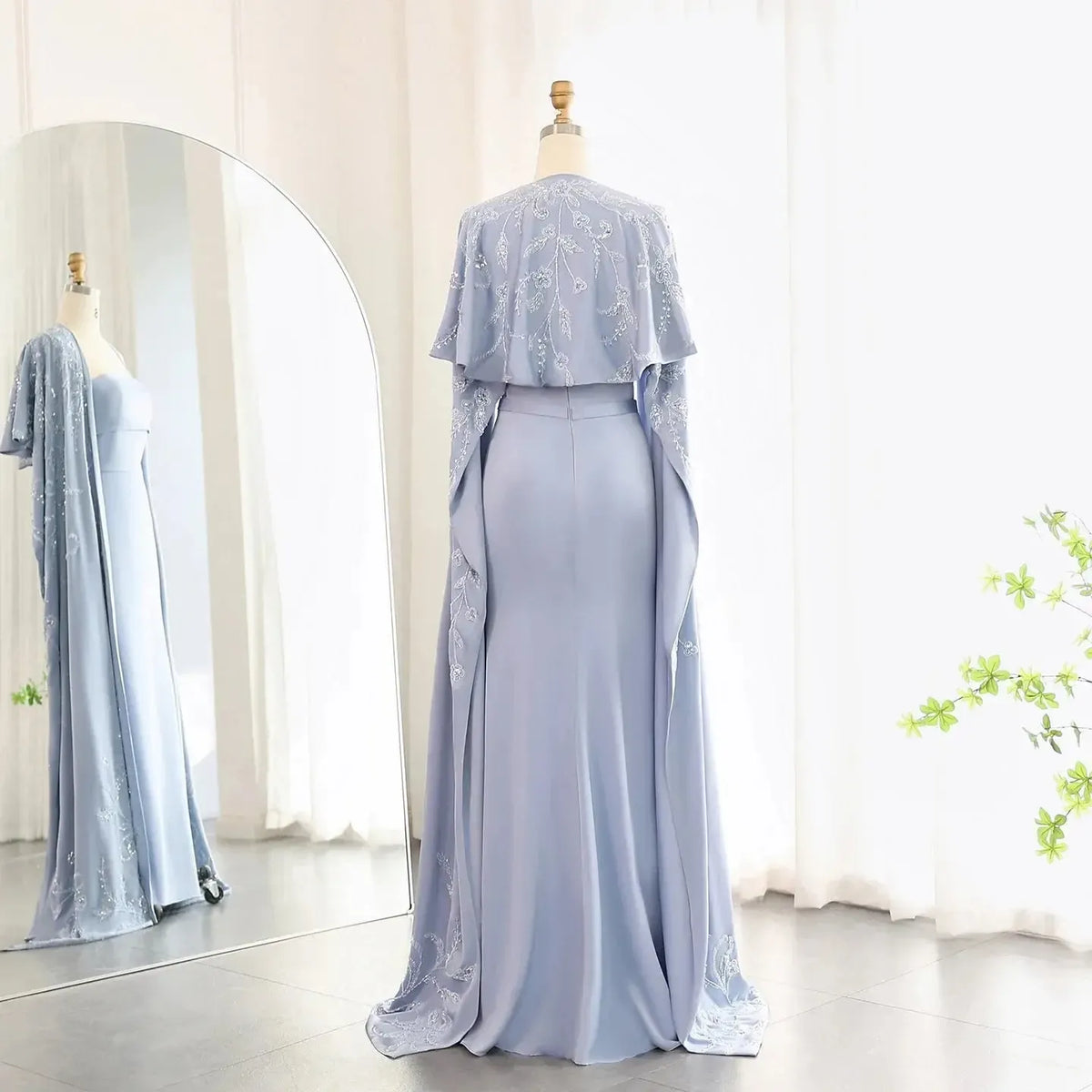 Arabic Blue Mermaid Evening Dress with Cape Sleeves Luxury Beaded Dubai Women Wedding Guest Party Gowns SS407