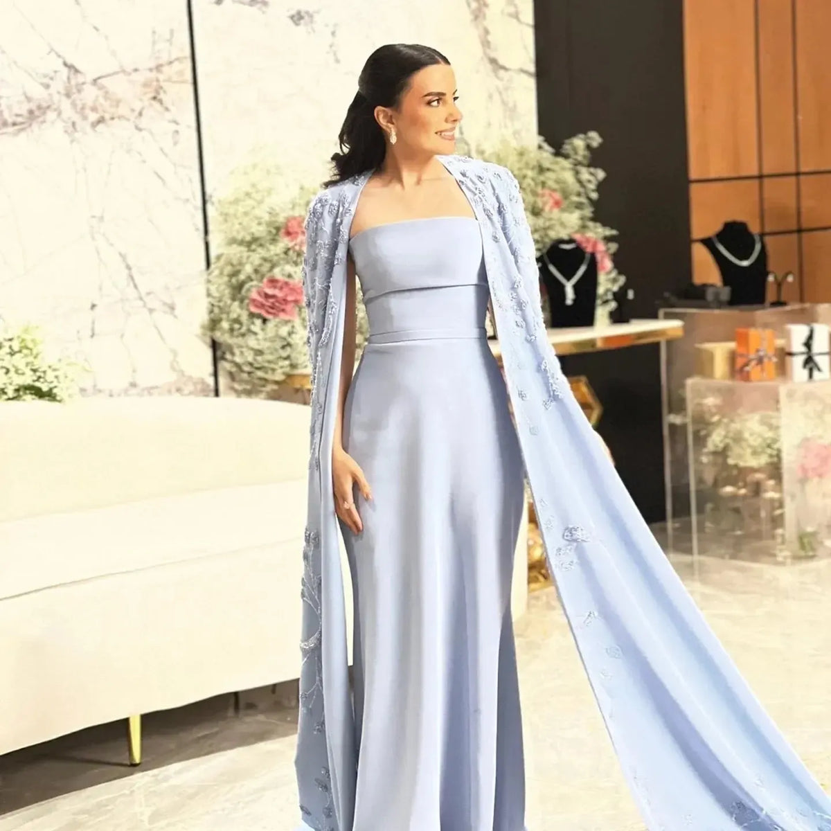 Arabic Blue Mermaid Evening Dress with Cape Sleeves Luxury Beaded Dubai Women Wedding Guest Party Gowns SS407