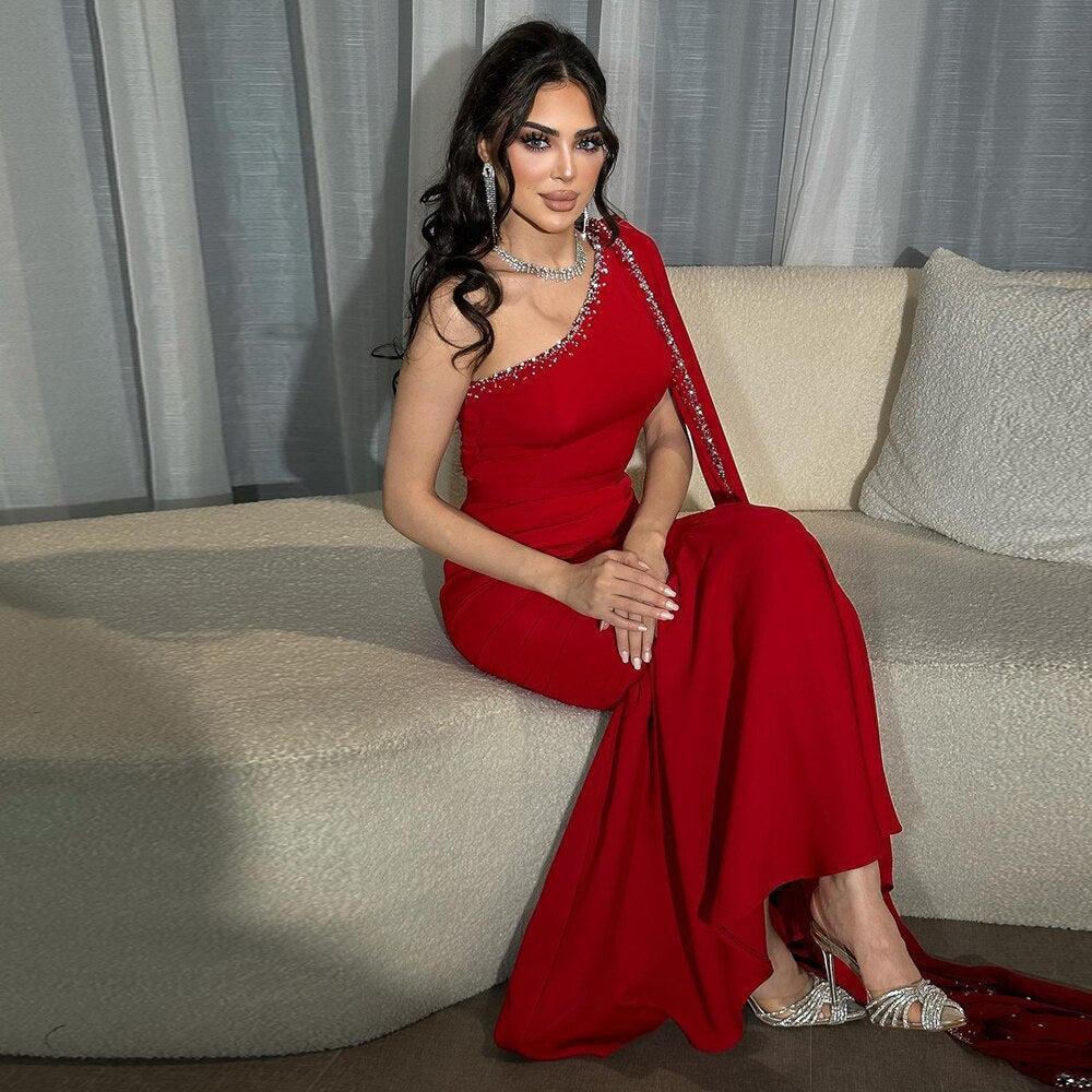 Arabic Burgundy One Shoulder Evening Dress with Cape Sleeve Women for Wedding Luxury Dubai Formal Party Gowns SS384
