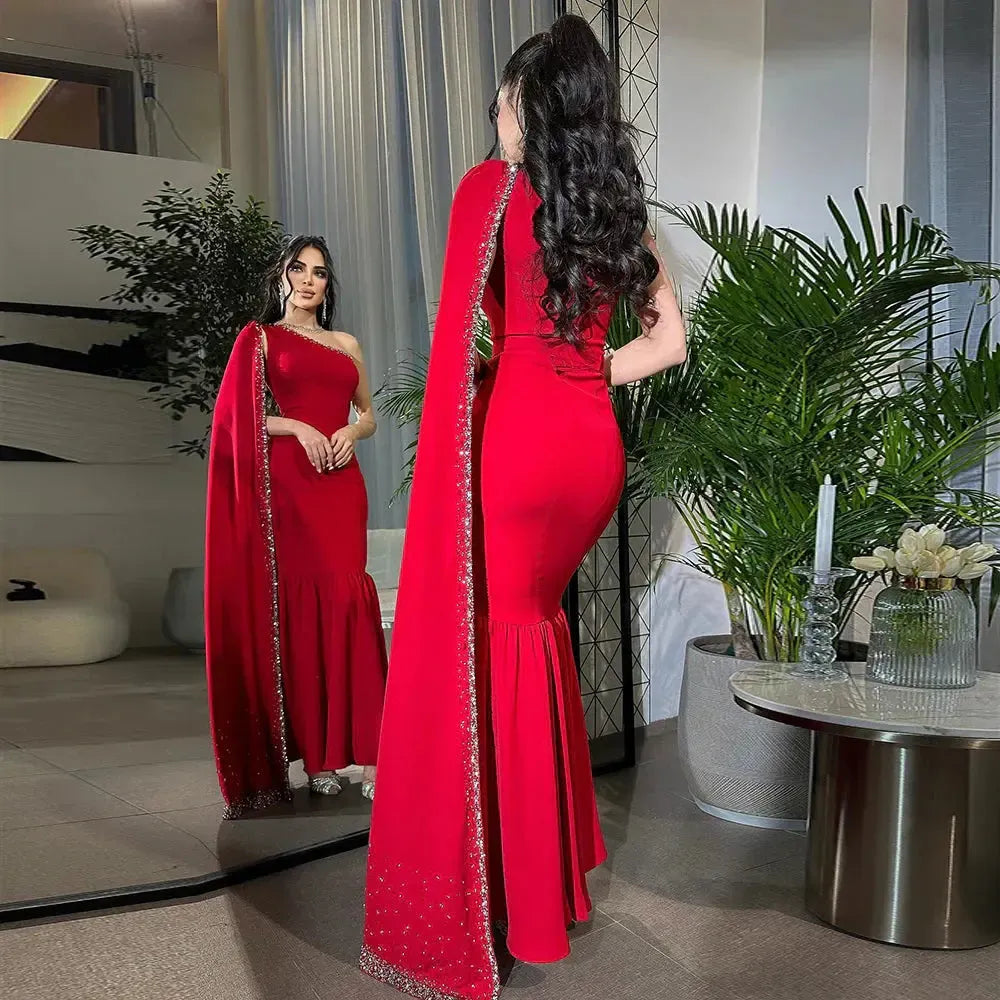 Arabic Burgundy One Shoulder Evening Dress with Cape Sleeve Women for Wedding Luxury Dubai Formal Party Gowns SS384