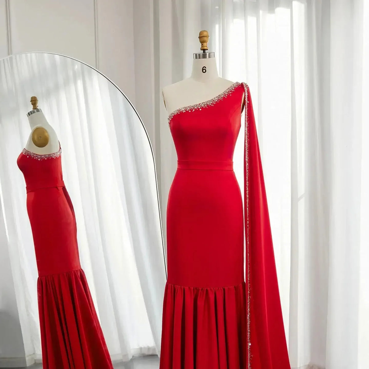 Arabic Burgundy One Shoulder Evening Dress with Cape Sleeve Women for Wedding Luxury Dubai Formal Party Gowns SS384