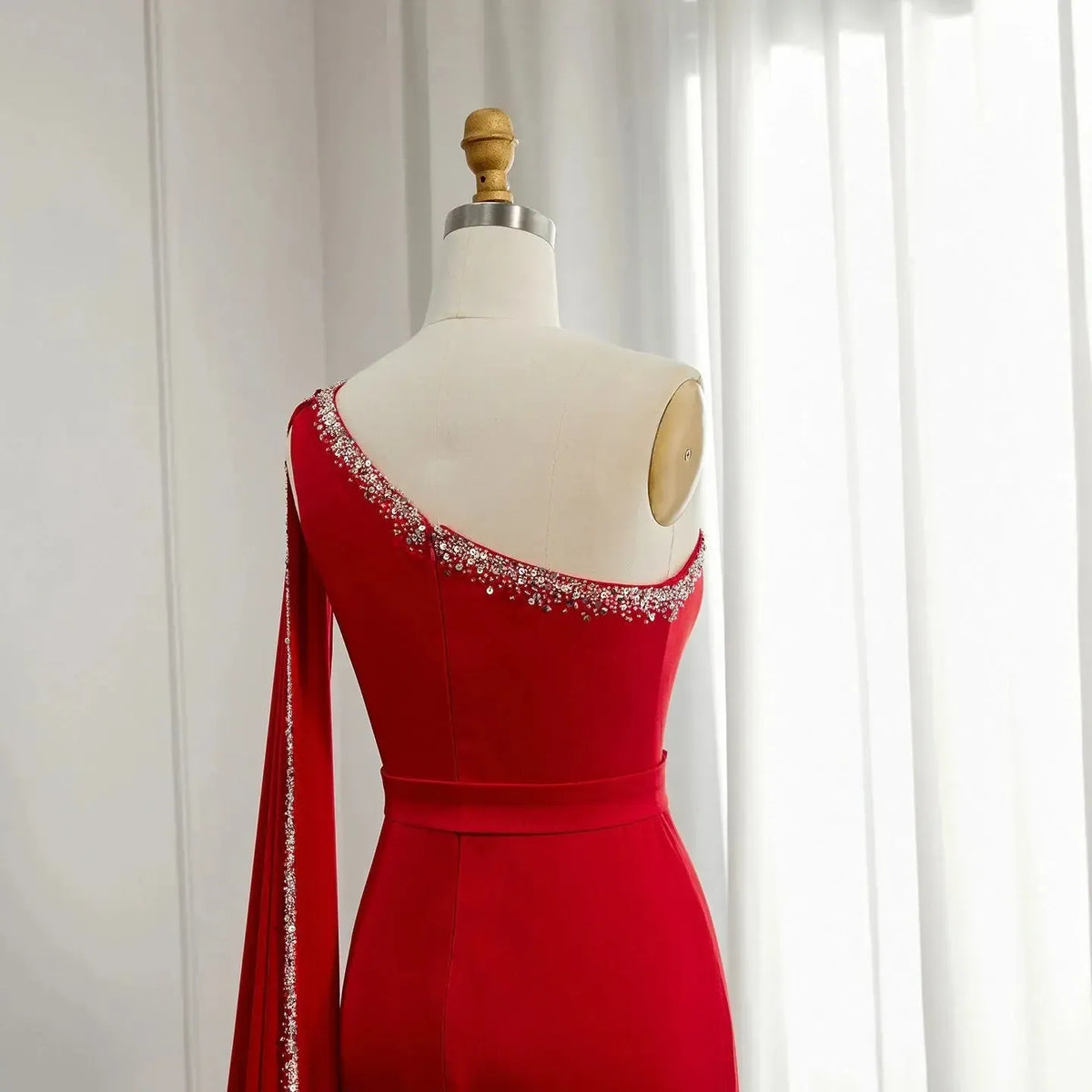Arabic Burgundy One Shoulder Evening Dress with Cape Sleeve Women for Wedding Luxury Dubai Formal Party Gowns SS384