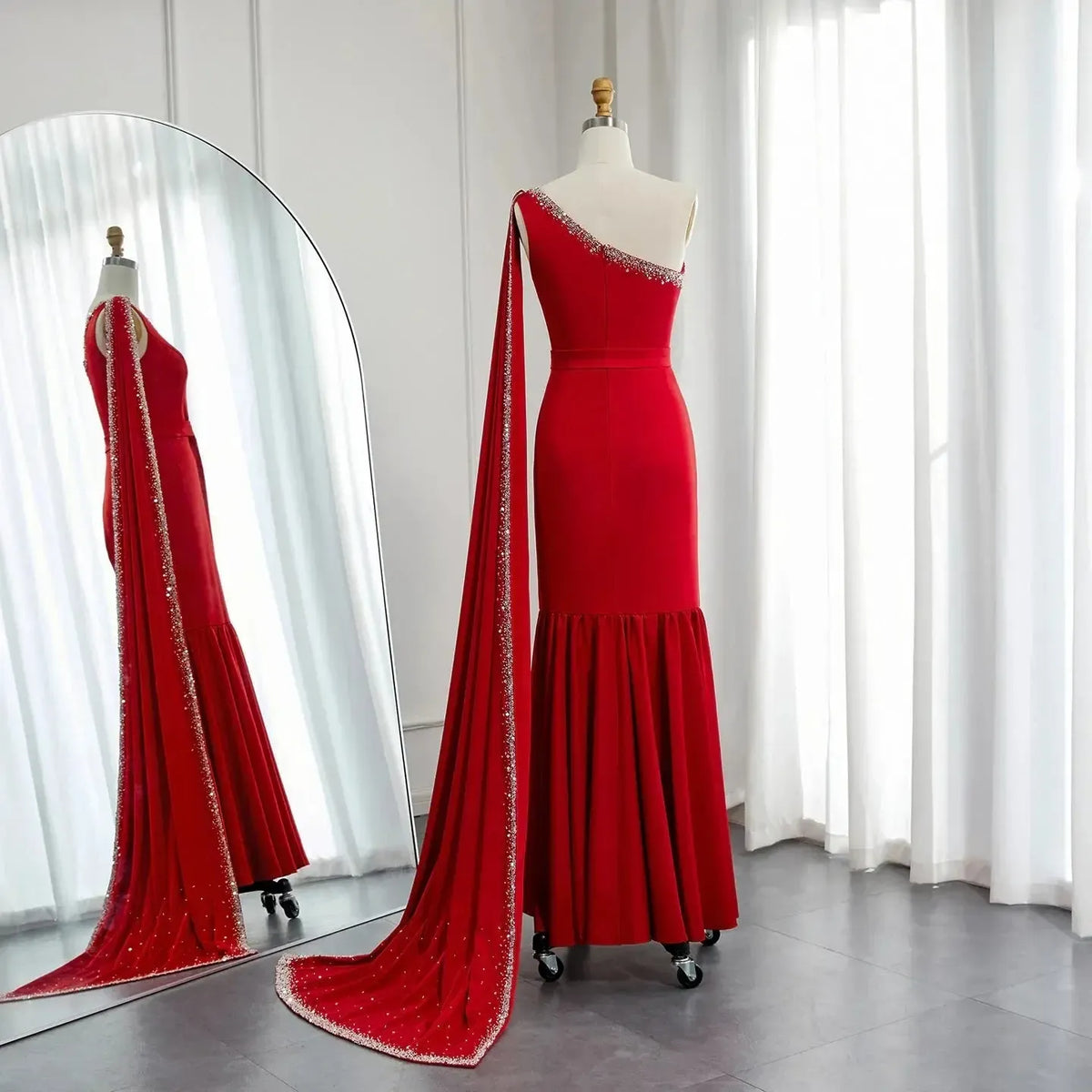 Arabic Burgundy One Shoulder Evening Dress with Cape Sleeve Women for Wedding Luxury Dubai Formal Party Gowns SS384