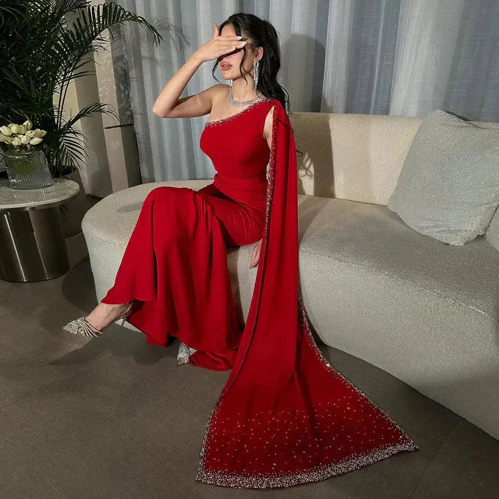 Arabic Burgundy One Shoulder Evening Dress with Cape Sleeve Women for Wedding Luxury Dubai Formal Party Gowns SS384