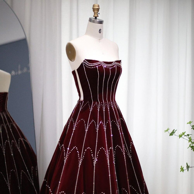Arabic Burgundy Velvet Ball Gown Evening Dress 2023 Luxury Dubai Crystal Women Formal Party Dress for Wedding SS274