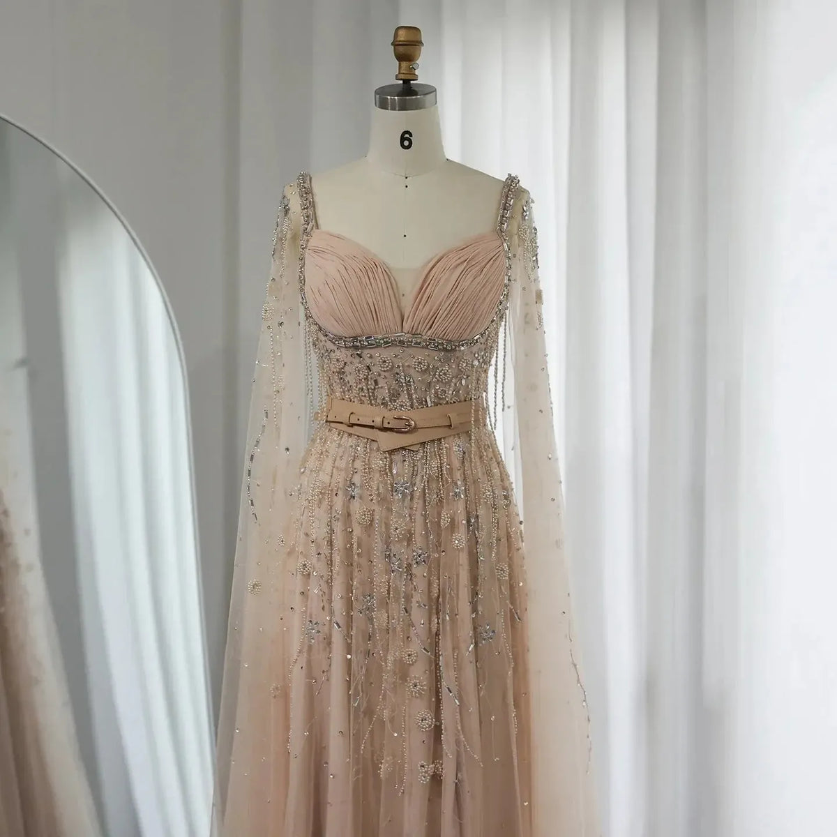 Arabic Champagne Dubai Evening Dresses Luxury Celebrity Beaded Tassel High Slit Women Wedding Party Dress SS376