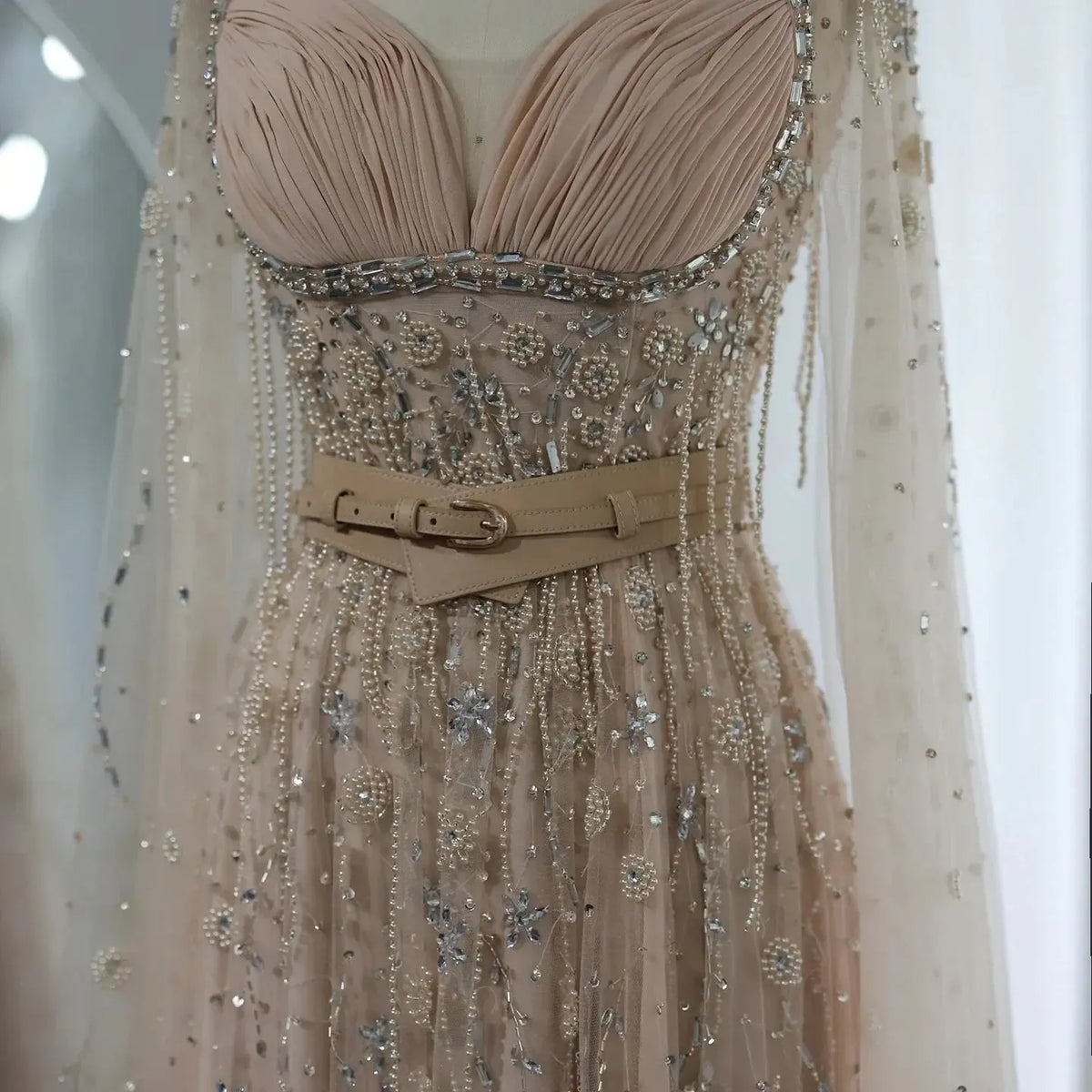 Arabic Champagne Dubai Evening Dresses Luxury Celebrity Beaded Tassel High Slit Women Wedding Party Dress SS376