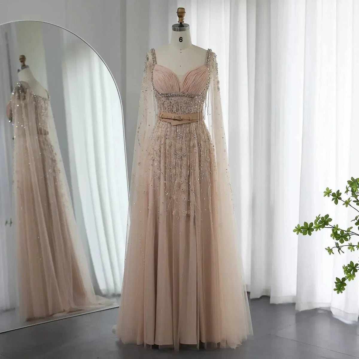 Arabic Champagne Dubai Evening Dresses Luxury Celebrity Beaded Tassel High Slit Women Wedding Party Dress SS376