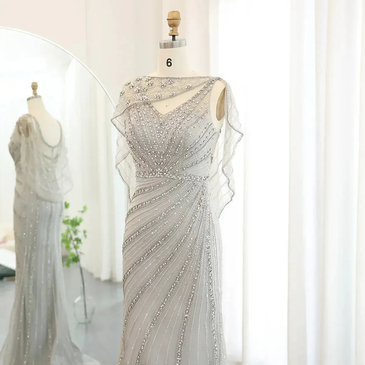 Arabic Champagne Dubai Mermaid Evening Dress with Cape Luxury Bead Formal Prom Dresses for Women Wedding Party SS122