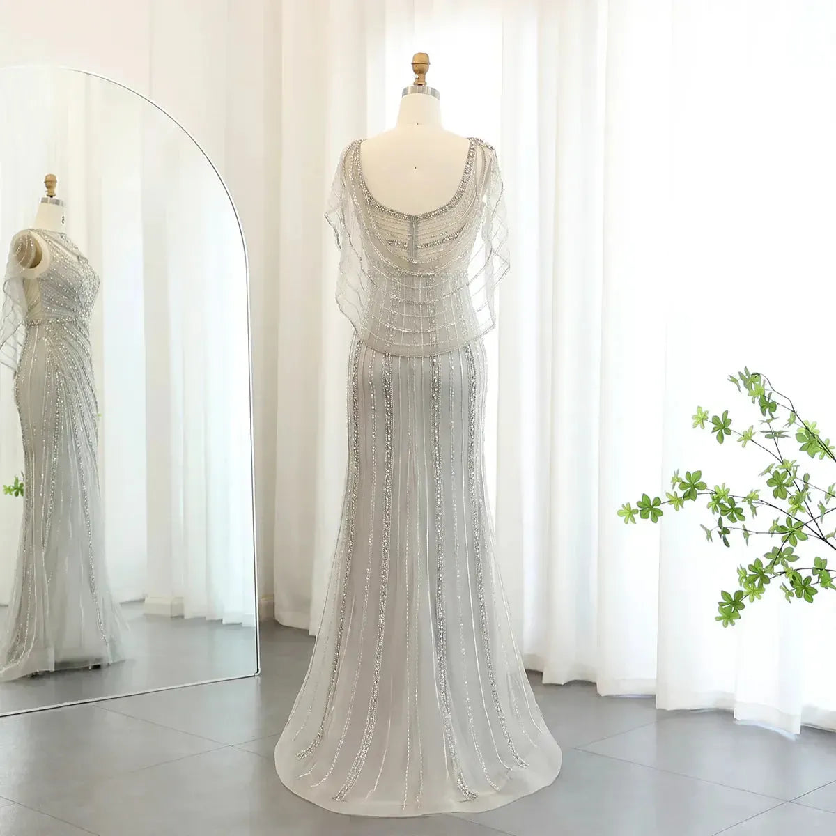 Arabic Champagne Dubai Mermaid Evening Dress with Cape Luxury Bead Formal Prom Dresses for Women Wedding Party SS122