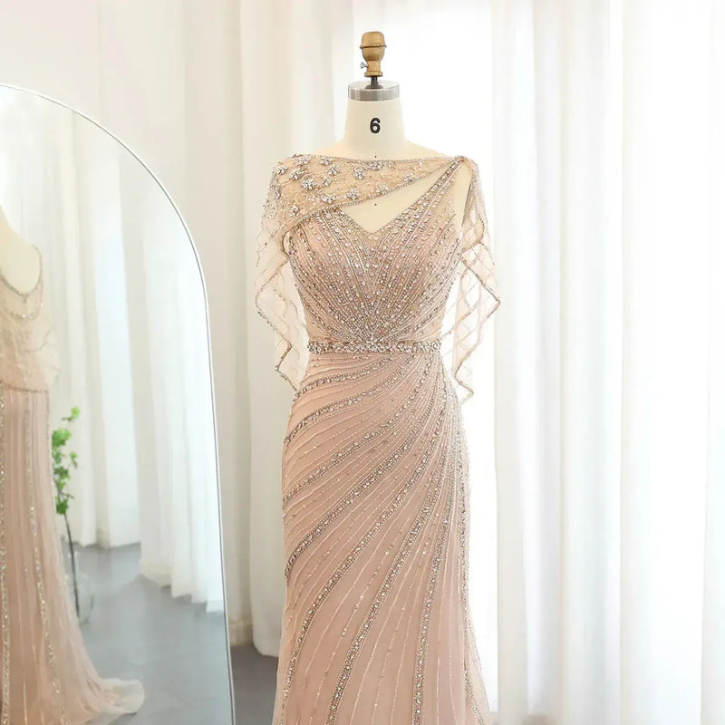 Arabic Champagne Dubai Mermaid Evening Dress with Cape Luxury Bead Formal Prom Dresses for Women Wedding Party SS122