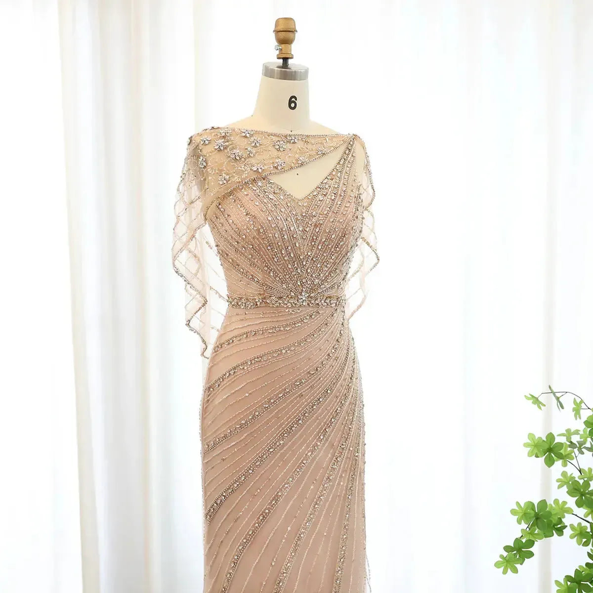 Arabic Champagne Dubai Mermaid Evening Dress with Cape Luxury Bead Formal Prom Dresses for Women Wedding Party SS122
