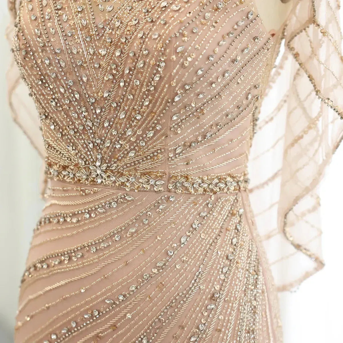 Arabic Champagne Dubai Mermaid Evening Dress with Cape Luxury Bead Formal Prom Dresses for Women Wedding Party SS122