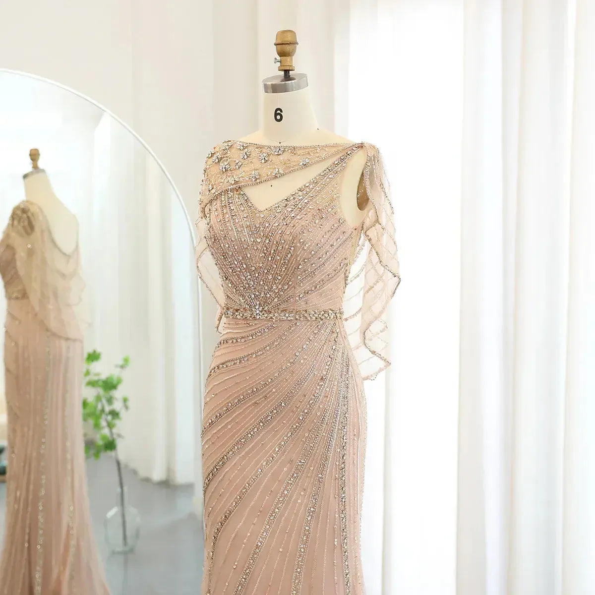 Arabic Champagne Dubai Mermaid Evening Dress with Cape Luxury Bead Formal Prom Dresses for Women Wedding Party SS122