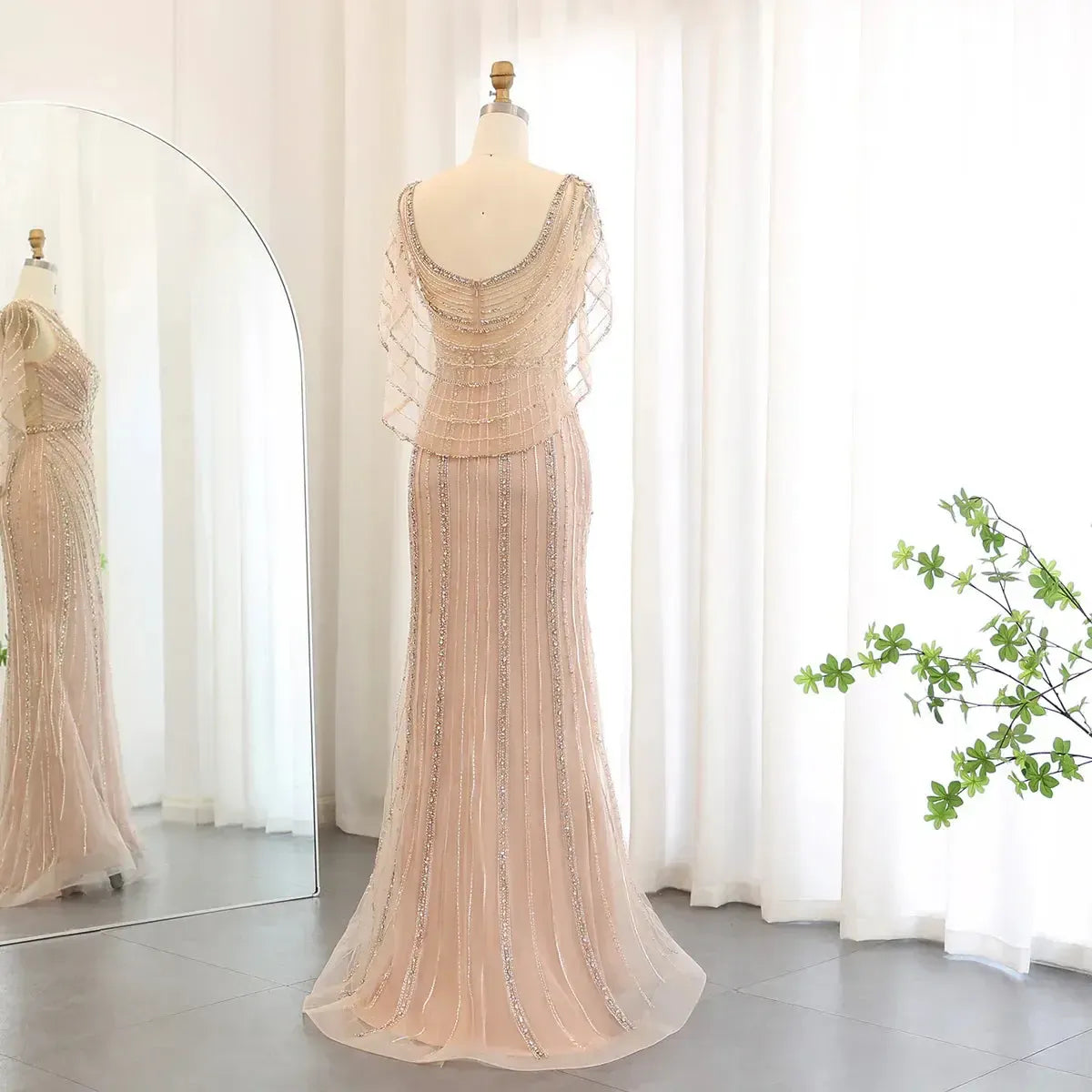Arabic Champagne Dubai Mermaid Evening Dress with Cape Luxury Bead Formal Prom Dresses for Women Wedding Party SS122
