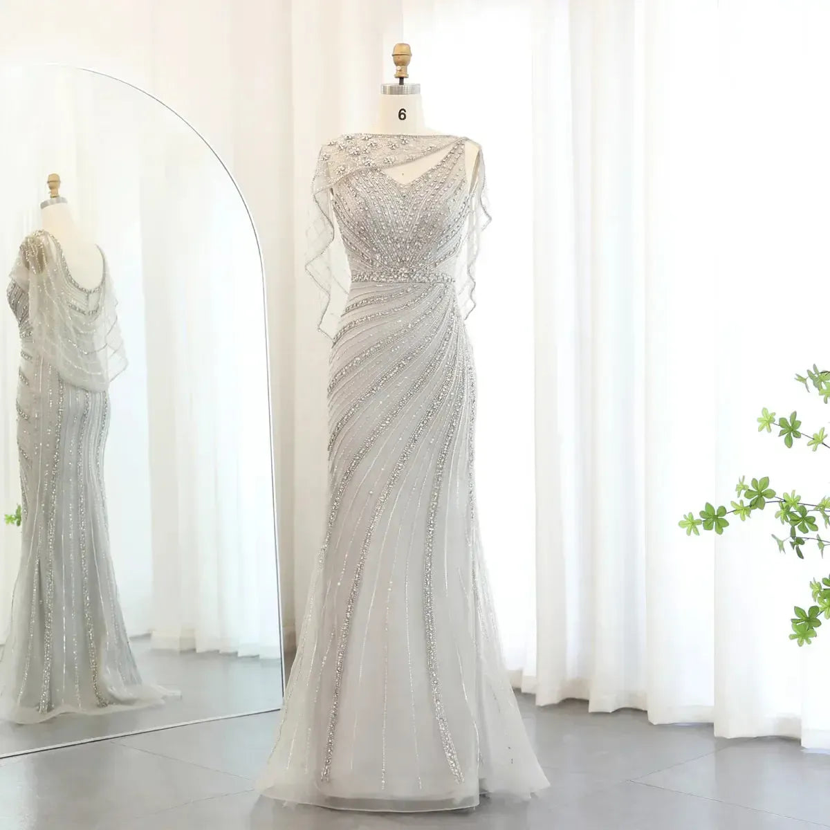 Arabic Champagne Dubai Mermaid Evening Dress with Cape Luxury Bead Formal Prom Dresses for Women Wedding Party SS122
