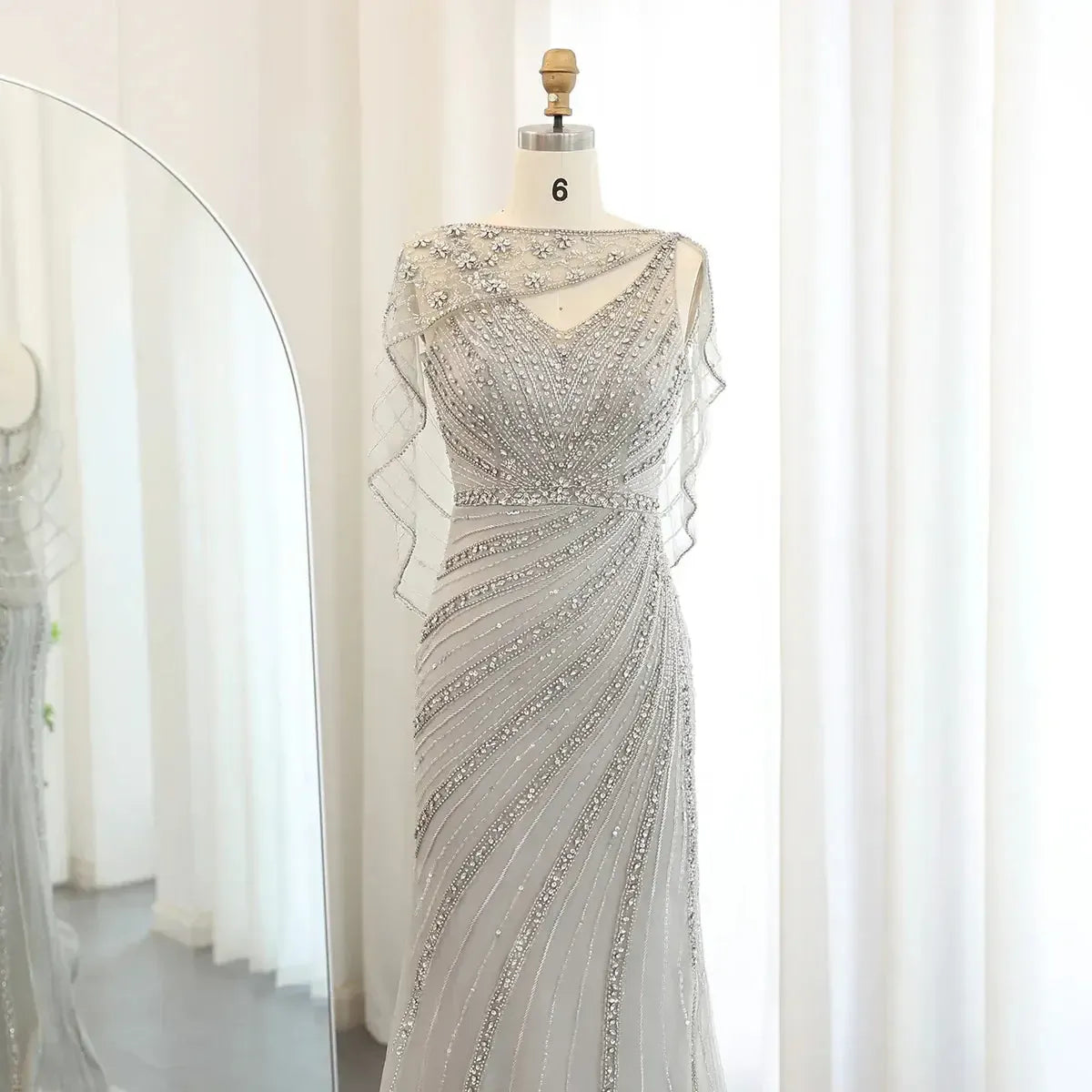 Arabic Champagne Dubai Mermaid Evening Dress with Cape Luxury Bead Formal Prom Dresses for Women Wedding Party SS122