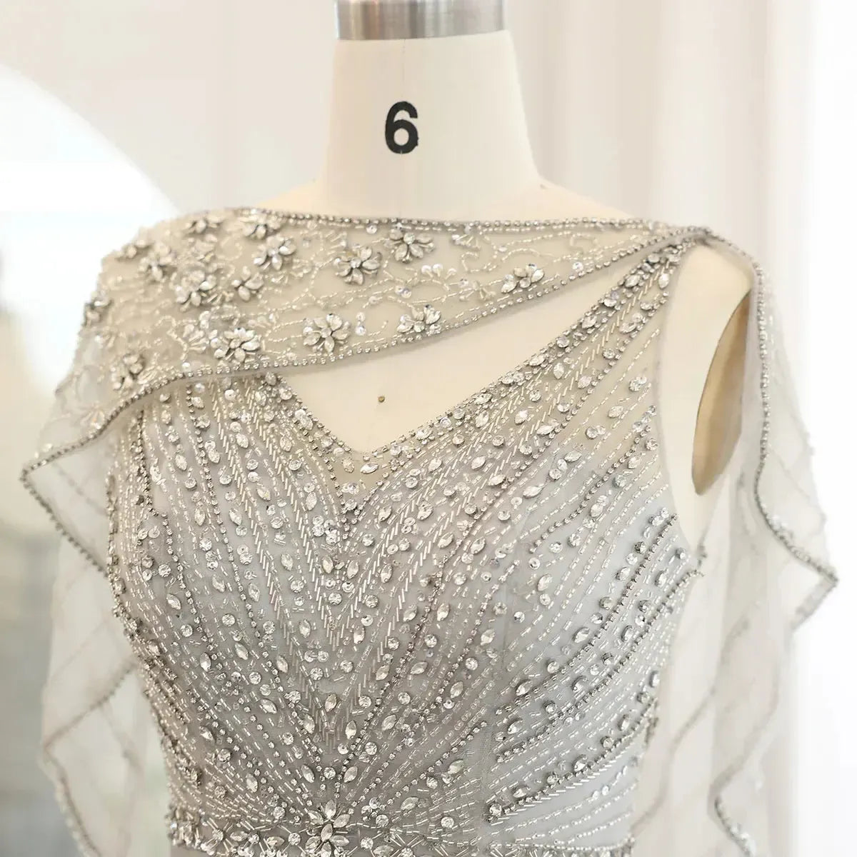 Arabic Champagne Dubai Mermaid Evening Dress with Cape Luxury Bead Formal Prom Dresses for Women Wedding Party SS122