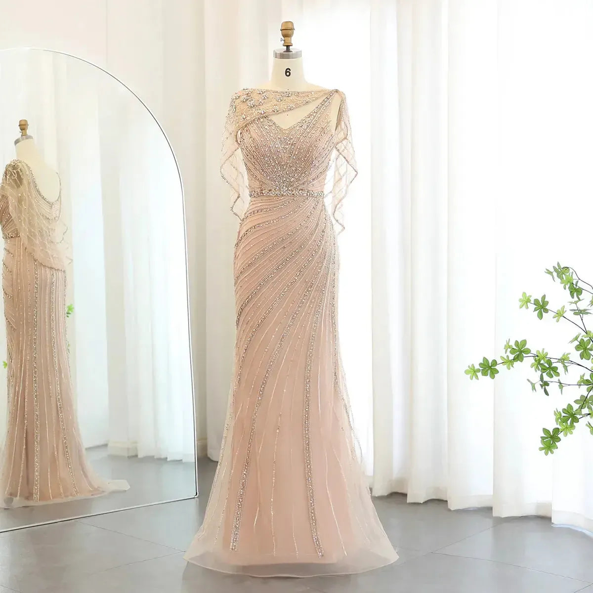 Arabic Champagne Dubai Mermaid Evening Dress with Cape Luxury Bead Formal Prom Dresses for Women Wedding Party SS122