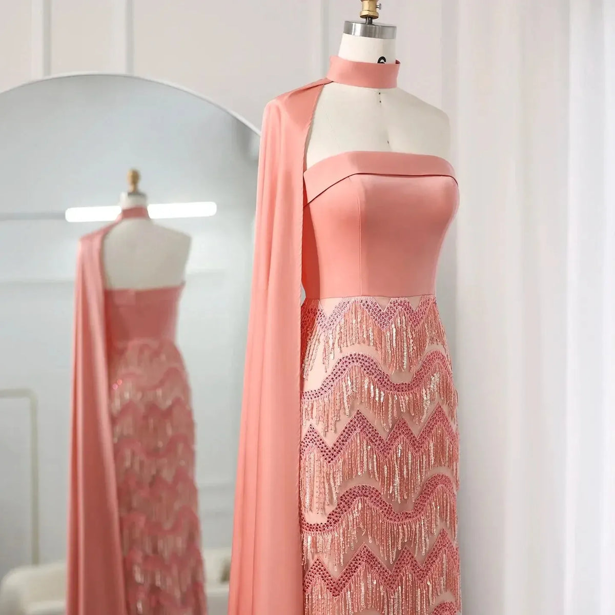 Arabic Coral Pink Tassel Evening Dress with Scarf 2024 Elegant Strapless Dubai Women Wedding Party Gowns SS460