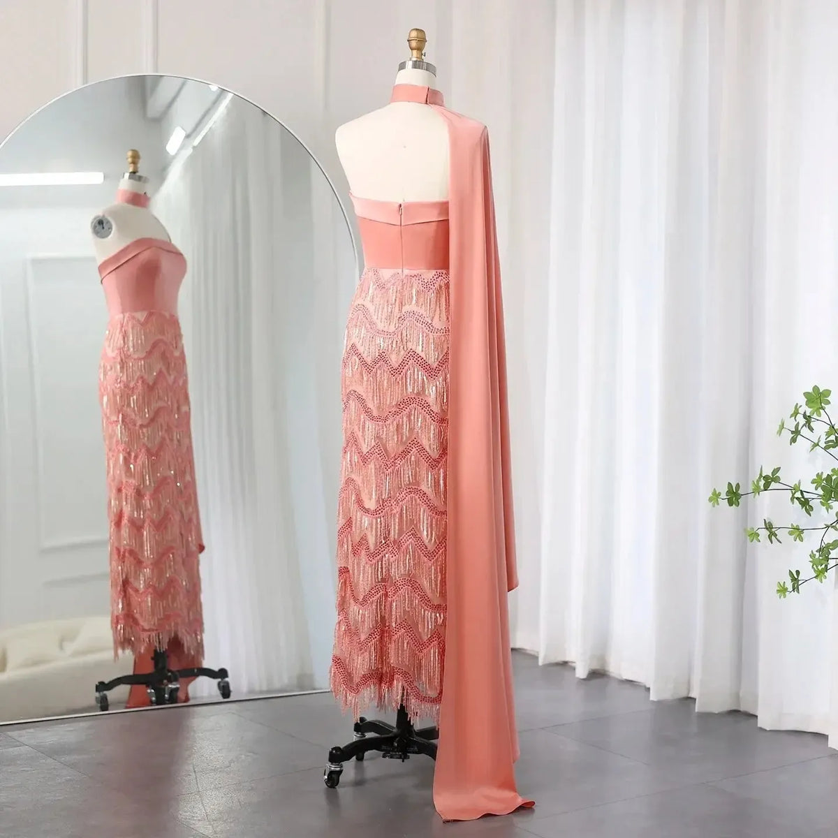 Arabic Coral Pink Tassel Evening Dress with Scarf 2024 Elegant Strapless Dubai Women Wedding Party Gowns SS460