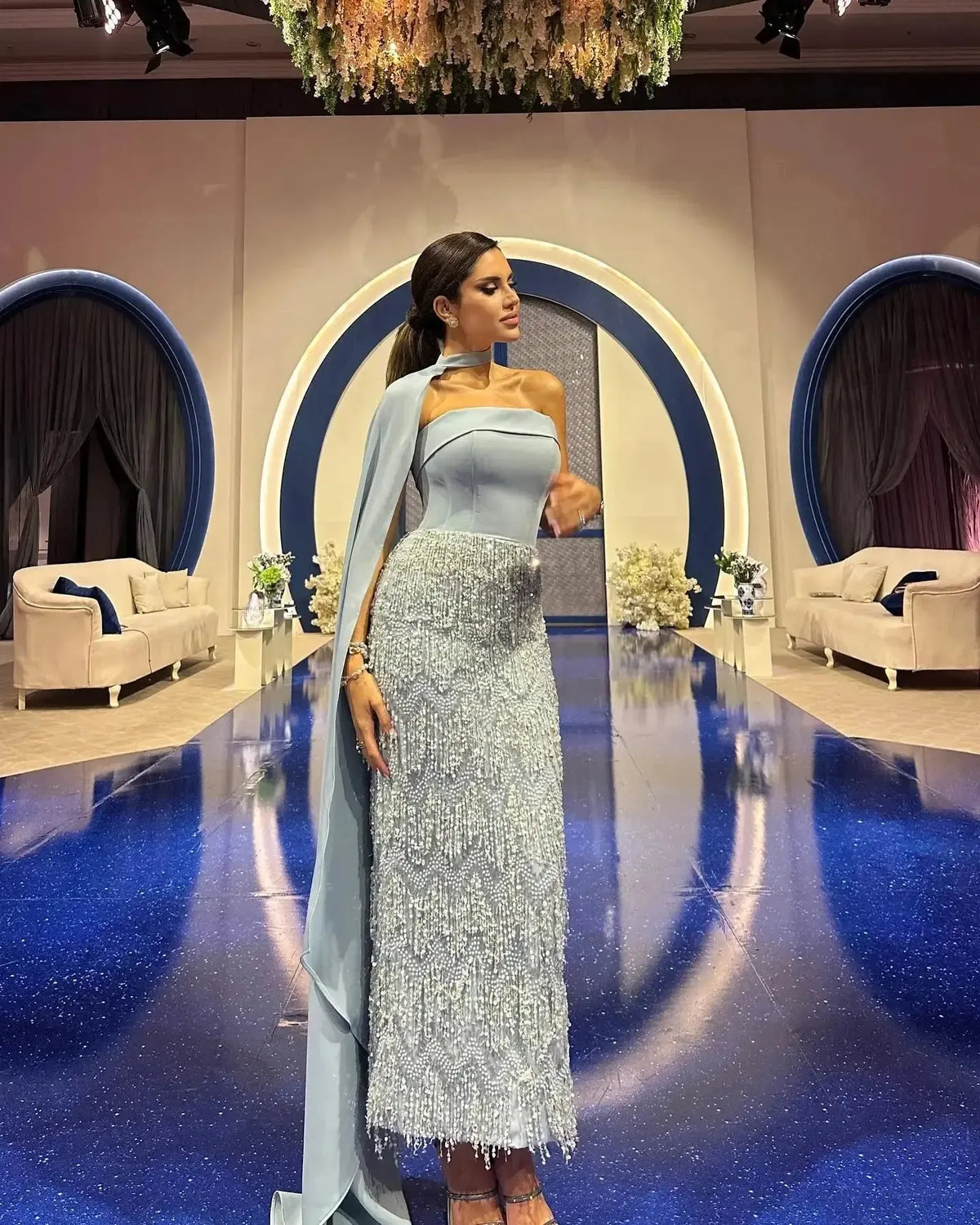 Arabic Coral Pink Tassel Evening Dress with Scarf 2024 Elegant Strapless Dubai Women Wedding Party Gowns SS460