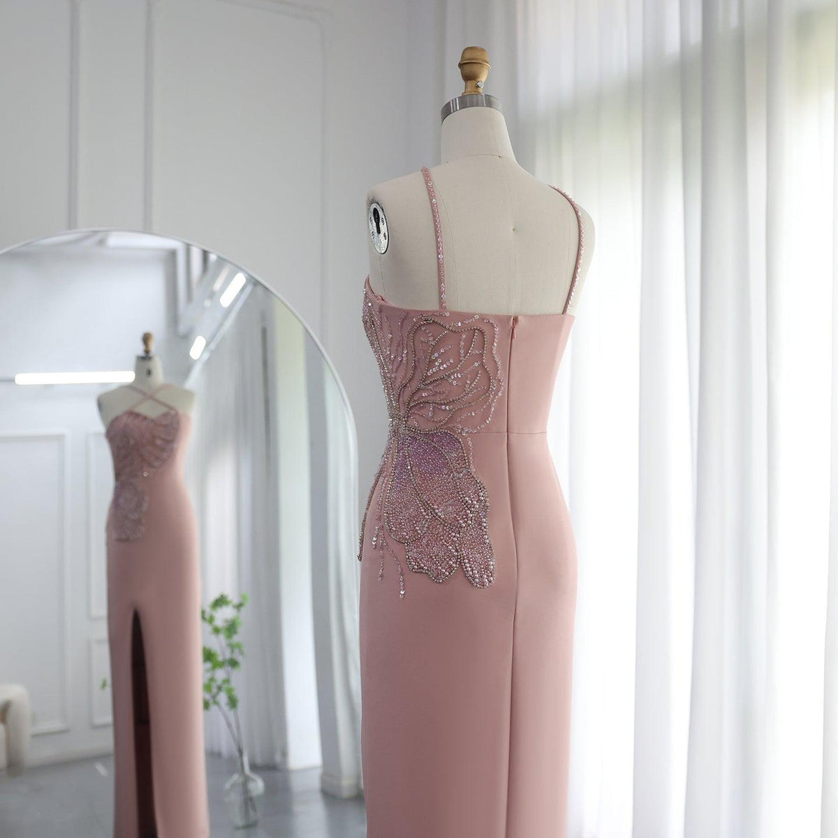 Arabic Crisscross Straps Pink Evening Dress 2023 Luxury Butterfly Beaded Slit Dubai Women Wedding Party Gowns SS476