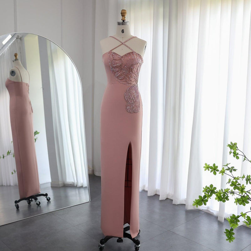 Arabic Crisscross Straps Pink Evening Dress 2023 Luxury Butterfly Beaded Slit Dubai Women Wedding Party Gowns SS476
