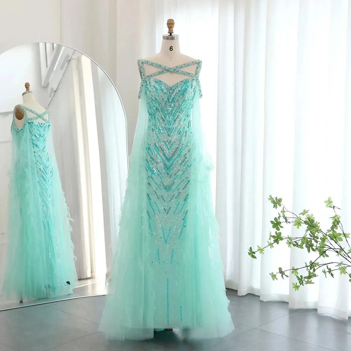 Arabic Fuchsia Mermaid Dubai Evening Dresses with Cape Sleeves Luxury xTurquoise Women Wedding Party Dress SS468