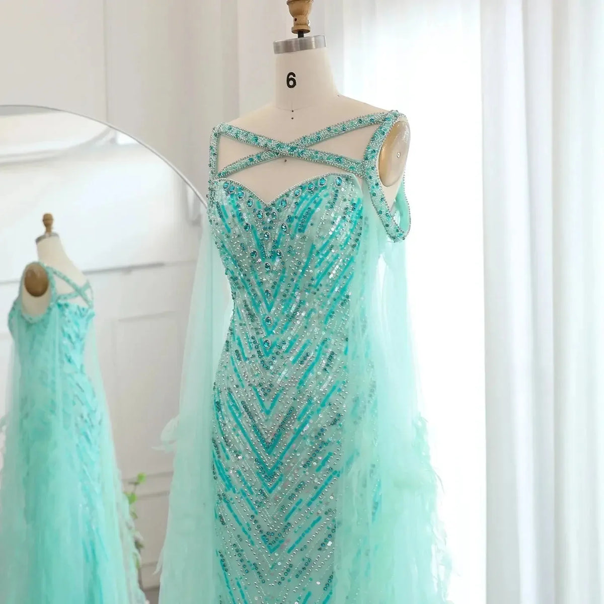 Arabic Fuchsia Mermaid Dubai Evening Dresses with Cape Sleeves Luxury xTurquoise Women Wedding Party Dress SS468