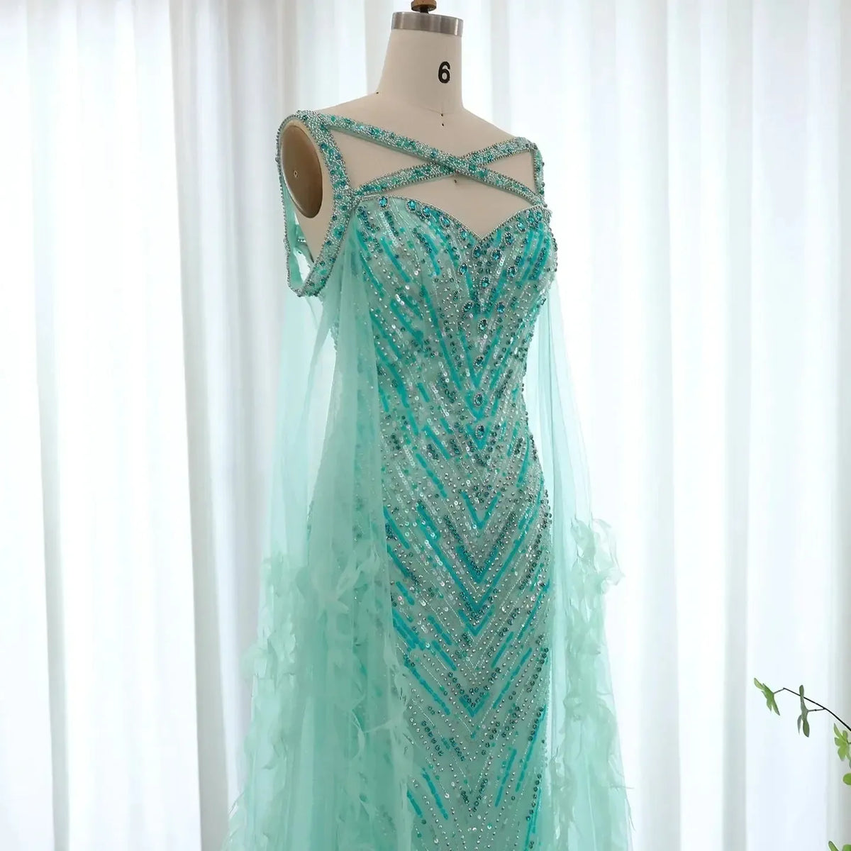 Arabic Fuchsia Mermaid Dubai Evening Dresses with Cape Sleeves Luxury xTurquoise Women Wedding Party Dress SS468