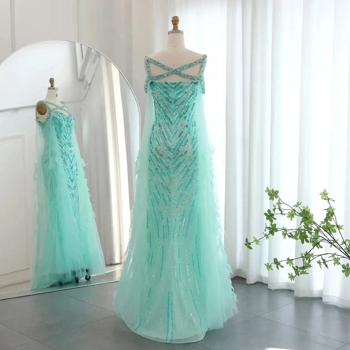 Arabic Fuchsia Mermaid Dubai Evening Dresses with Cape Sleeves Luxury xTurquoise Women Wedding Party Dress SS468