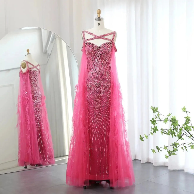 Arabic Fuchsia Mermaid Dubai Evening Dresses with Cape Sleeves Luxury xTurquoise Women Wedding Party Dress SS468