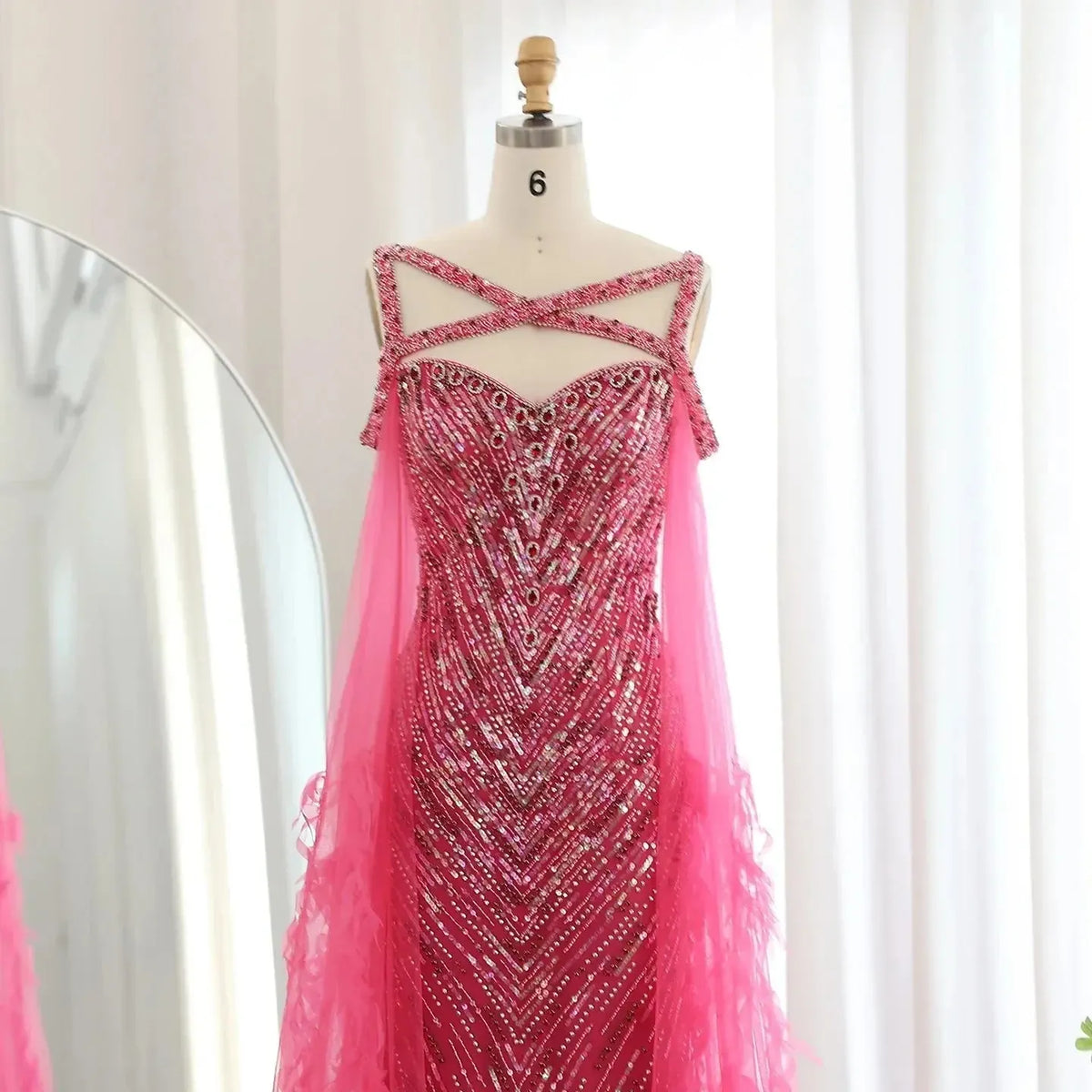 Arabic Fuchsia Mermaid Dubai Evening Dresses with Cape Sleeves Luxury xTurquoise Women Wedding Party Dress SS468