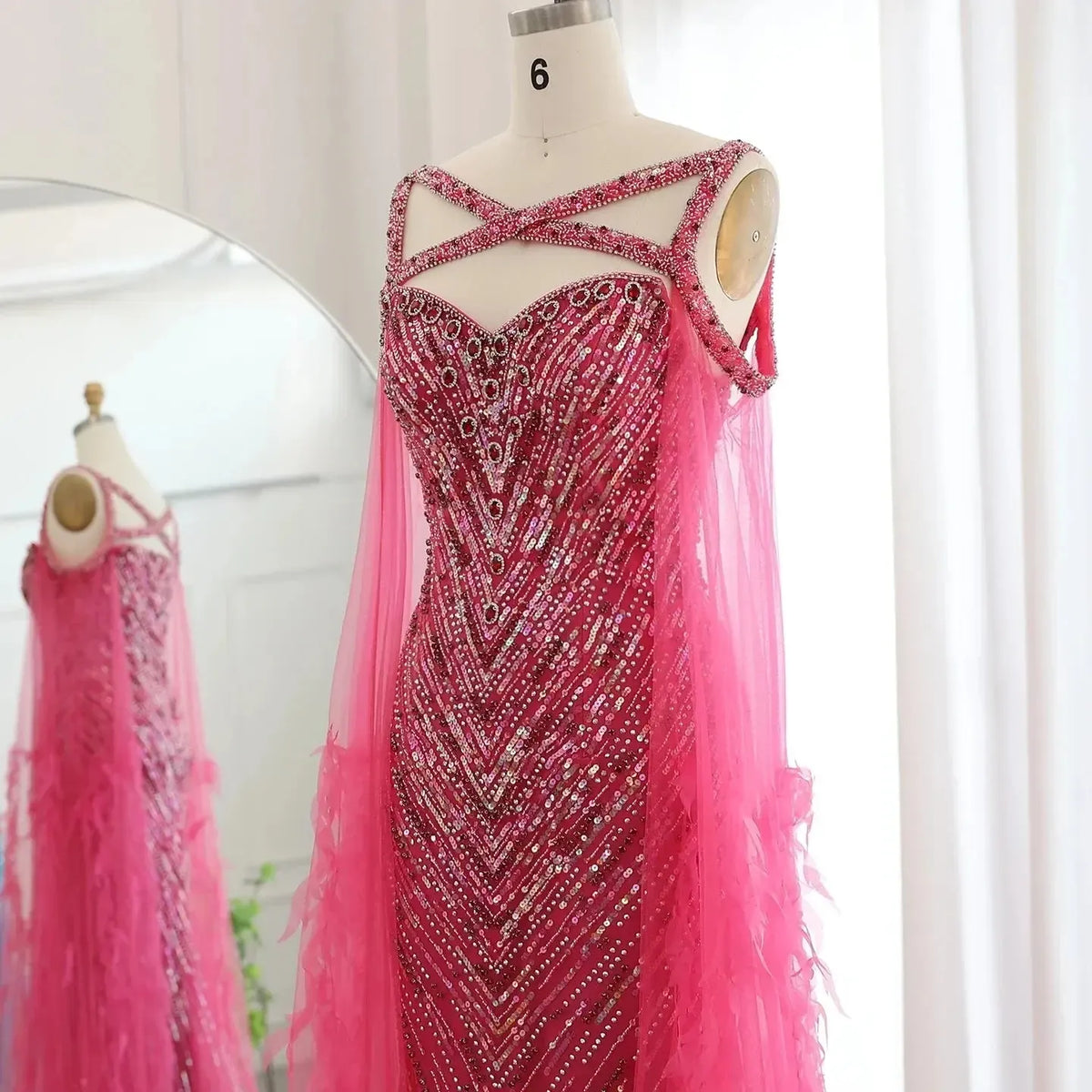 Arabic Fuchsia Mermaid Dubai Evening Dresses with Cape Sleeves Luxury xTurquoise Women Wedding Party Dress SS468