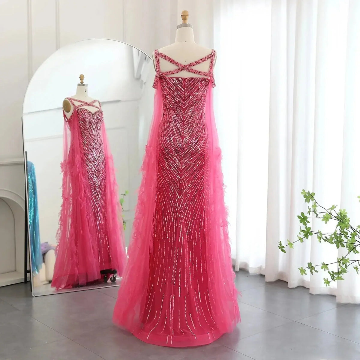 Arabic Fuchsia Mermaid Dubai Evening Dresses with Cape Sleeves Luxury xTurquoise Women Wedding Party Dress SS468