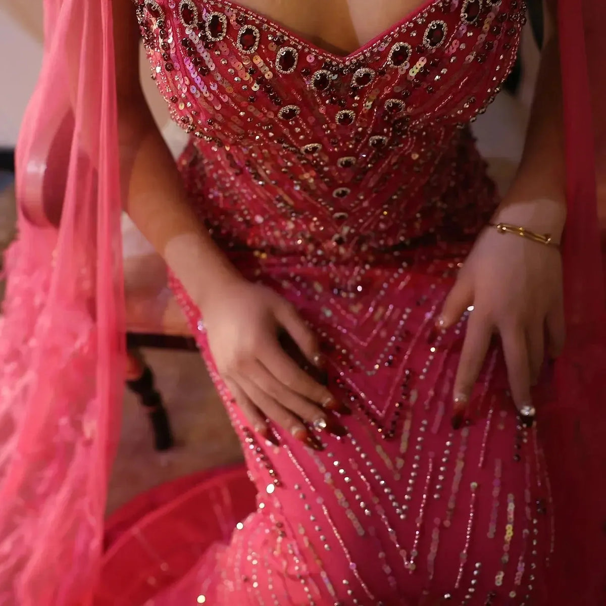 Arabic Fuchsia Mermaid Dubai Evening Dresses with Cape Sleeves Luxury xTurquoise Women Wedding Party Dress SS468
