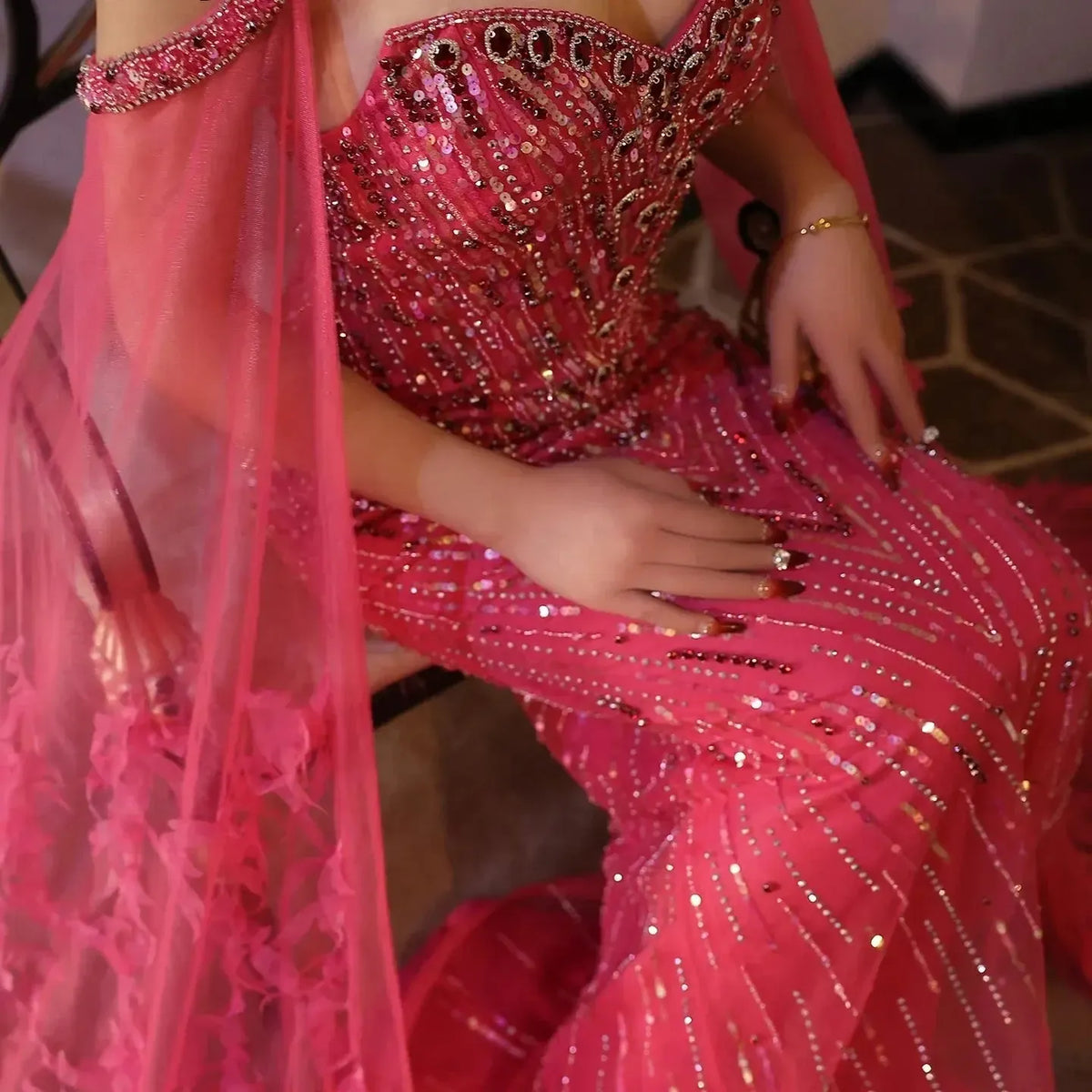 Arabic Fuchsia Mermaid Dubai Evening Dresses with Cape Sleeves Luxury xTurquoise Women Wedding Party Dress SS468
