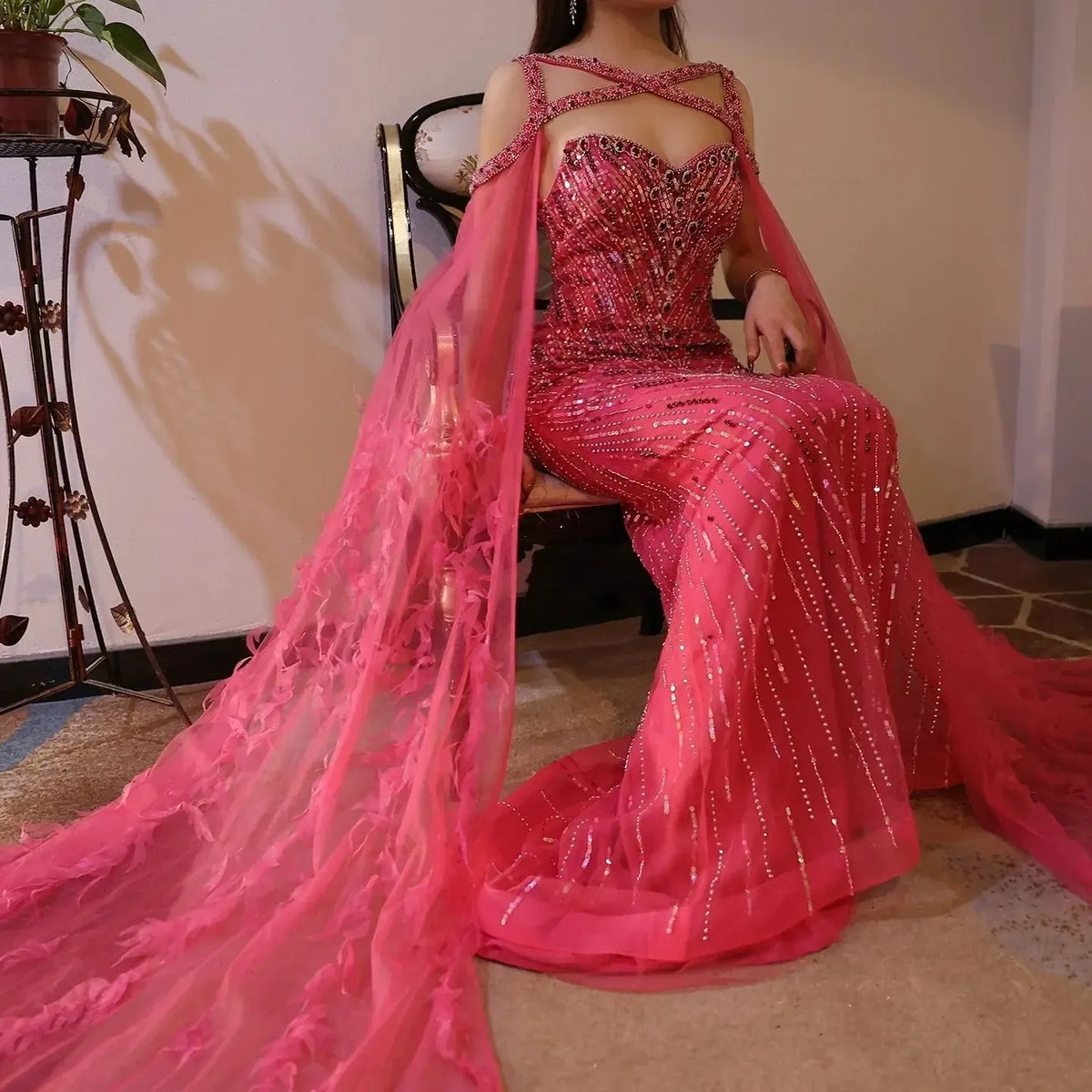 Arabic Fuchsia Mermaid Dubai Evening Dresses with Cape Sleeves Luxury xTurquoise Women Wedding Party Dress SS468