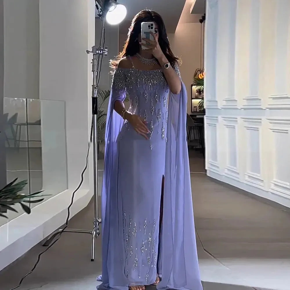 Arabic Lilac Mermaid Evening Dress with Cape Sleeves 2024 Luxury Dubai Beaded Women Wedding Formal Party Gowns SS448