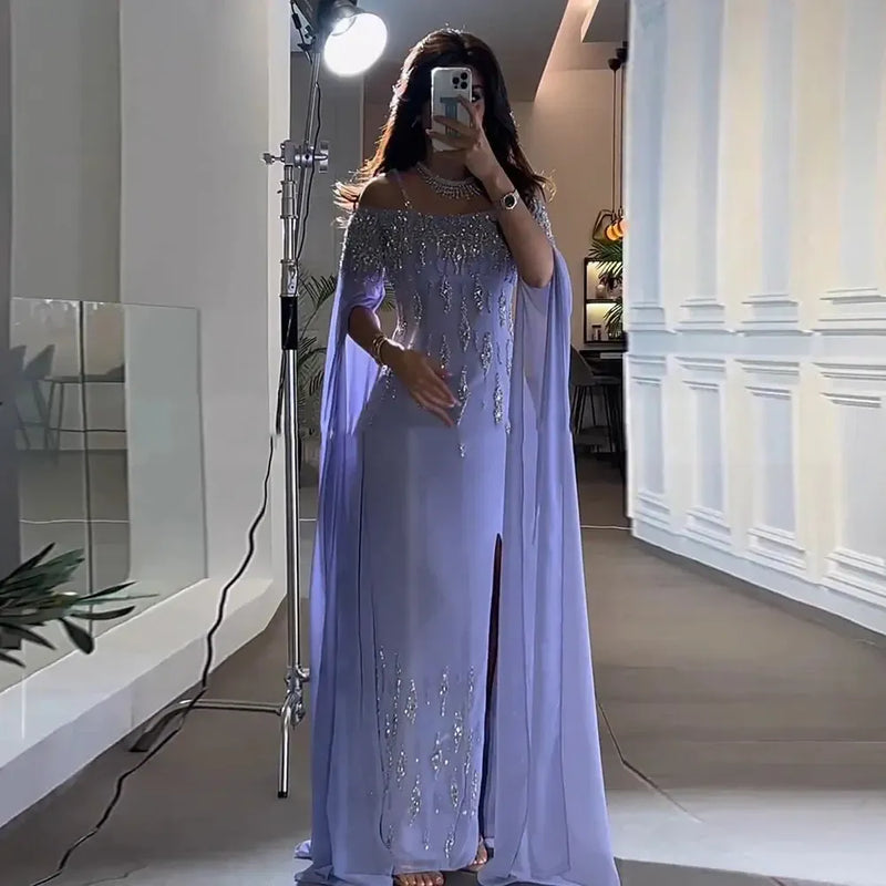 Arabic Lilac Mermaid Evening Dress with Cape Sleeves 2024 Luxury Dubai Beaded Women Wedding Formal Party Gowns SS448