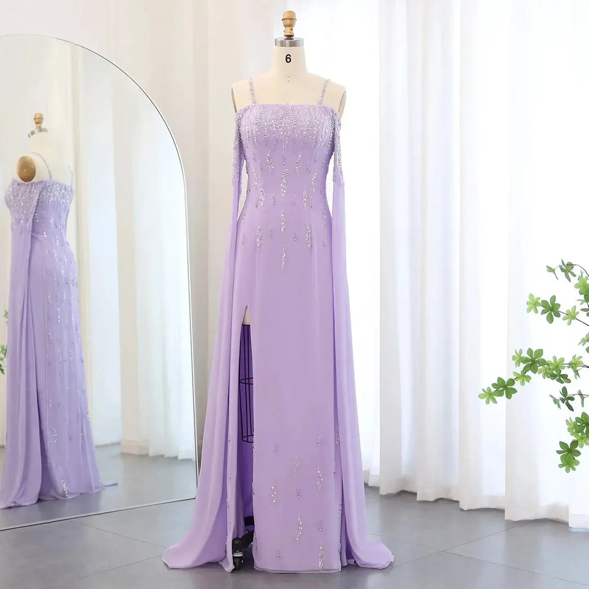 Arabic Lilac Mermaid Evening Dress with Cape Sleeves 2024 Luxury Dubai Beaded Women Wedding Formal Party Gowns SS448
