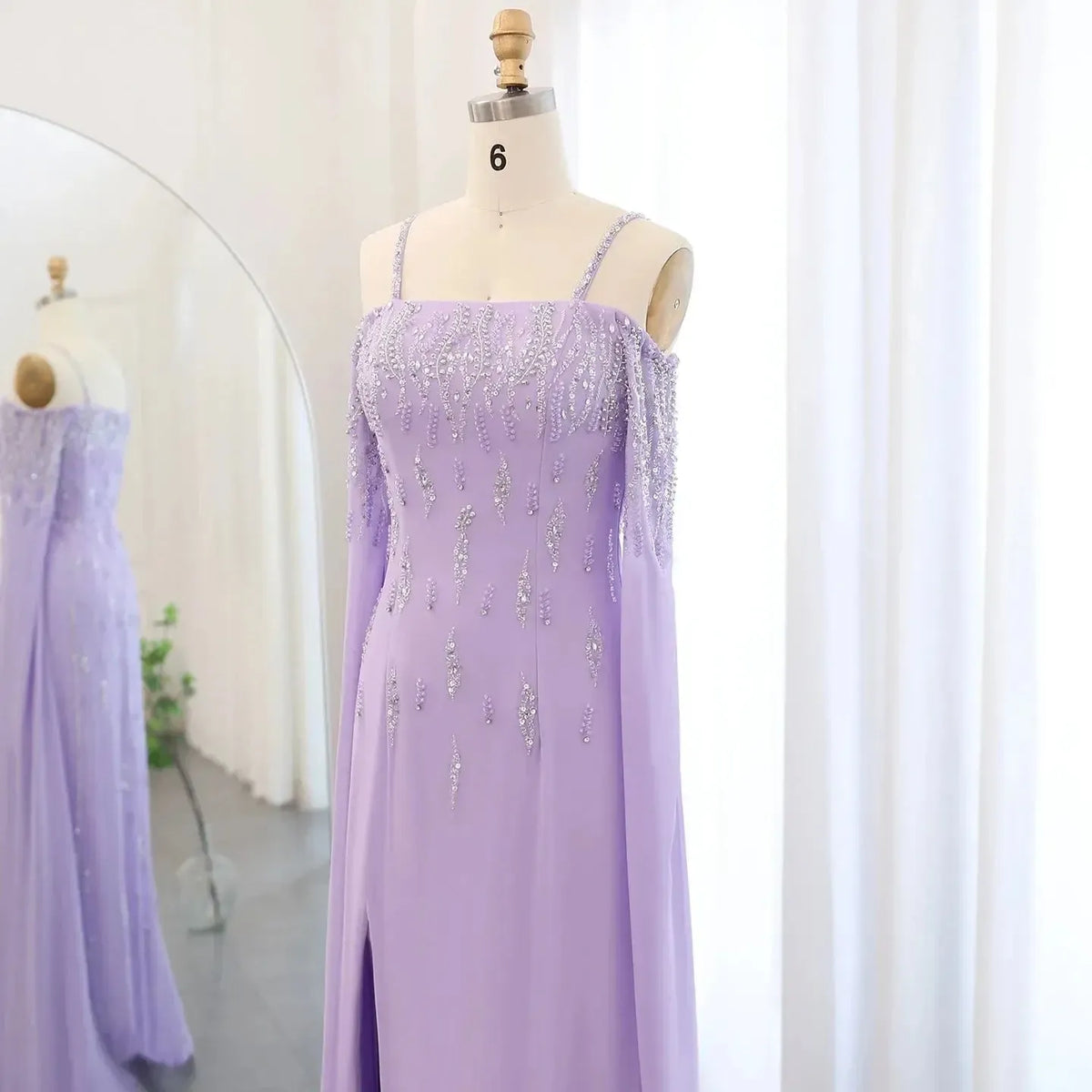 Arabic Lilac Mermaid Evening Dress with Cape Sleeves 2024 Luxury Dubai Beaded Women Wedding Formal Party Gowns SS448