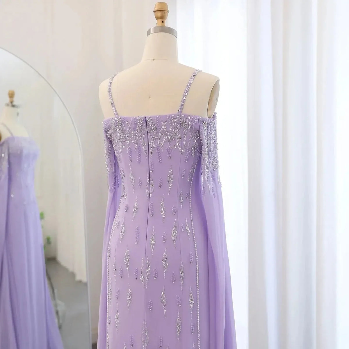 Arabic Lilac Mermaid Evening Dress with Cape Sleeves 2024 Luxury Dubai Beaded Women Wedding Formal Party Gowns SS448