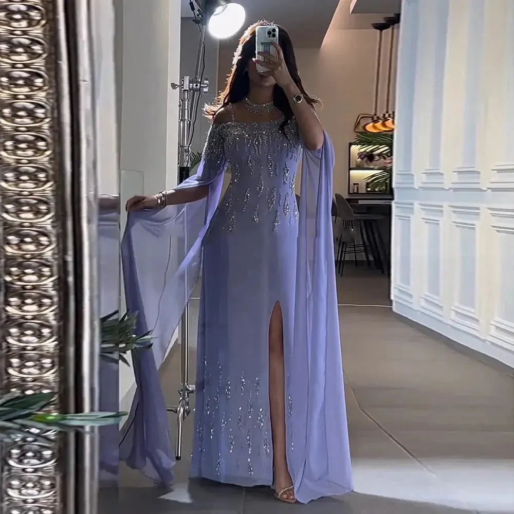 Arabic Lilac Mermaid Evening Dress with Cape Sleeves 2024 Luxury Dubai Beaded Women Wedding Formal Party Gowns SS448